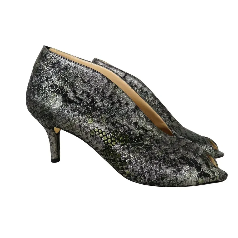 Amalfi by Rangoni Silver Metallic Snake Print Open Toe Heels Pumps Booties 8.5